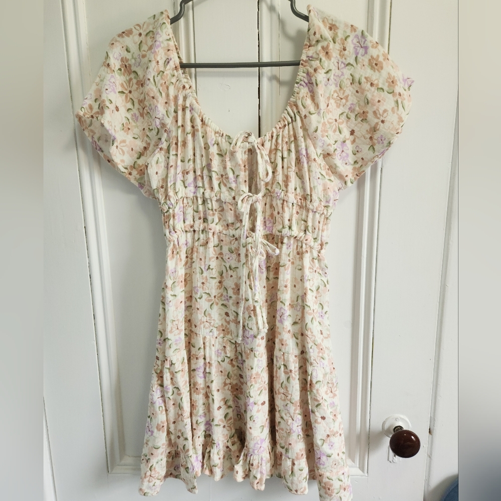 Ardene Floral Mini Dress in Cream with Pink & Green Accents